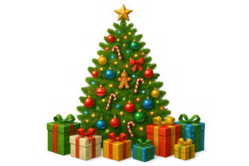 Christmas tree glowing with star, baubles, candy canes, gingerbread cookie decoration, and colorful gifts below, transparent background