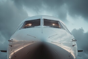Front view of an aircraft cockpit against a dramatic cloudy sky