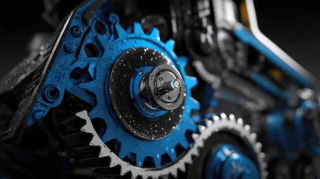 Close-up of blue gears and a sprocket meshing in a precision machine.