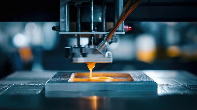 Close-up of a 3D printer nozzle extruding orange filament onto the build plate.