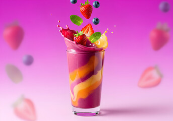 Vibrant photograph of a berry and orange layered smoothie splashing out of a glass with strawberries, blueberries, and mint against a pink background