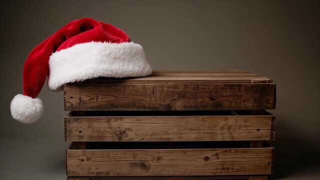 Settling red Santa hat drooping left on stacked wooden crate at studio tabletop, gravity pulling