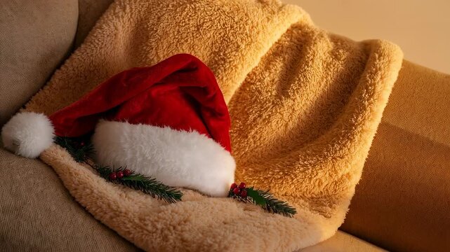 Moving camera reframing closer to red Santa hat on tan couch, revealing evergreen sprigs
