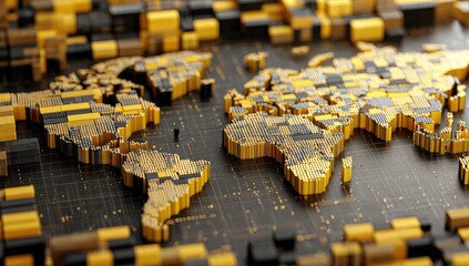 Textured, geometric globe map with gold and black cubes and digital lines