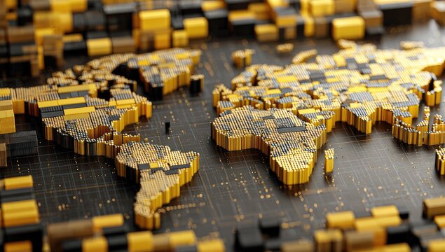 Textured, geometric globe map with gold and black cubes and digital lines - Powered by Adobe