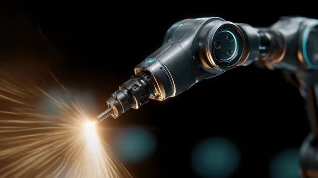 A robotic arm welding metal, sparks flying from a welding torch.