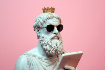 Statue of a philosopher wearing sunglasses and holding a tablet in front of a pink wall