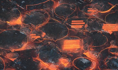 Abstract fiery network of glowing communication bubbles and lines