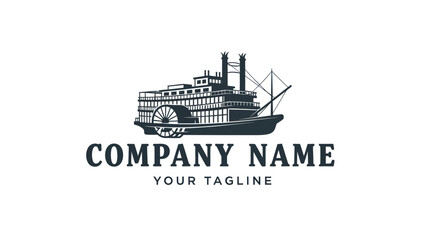 Vintage Paddle Steamer Riverboat Logo Design Illustration.