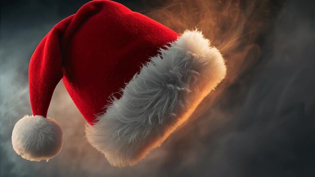 Warm backlight intensifying, red Santa hat rotating and drifting at studio, lighting white fur pom