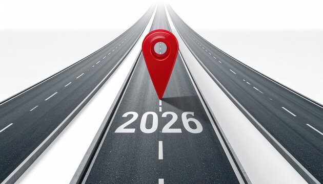 A visionary perspective on the future: a red marker stands boldly at the focal point of the road, marking the year 2026. The scene captures the essence of progress, exploration.