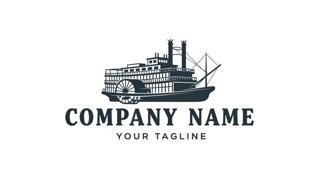 Vintage Paddle Steamer Riverboat Logo Design Illustration.