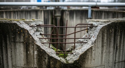 Fragmented strength: A concrete barrier showing signs of wear with exposed rebar