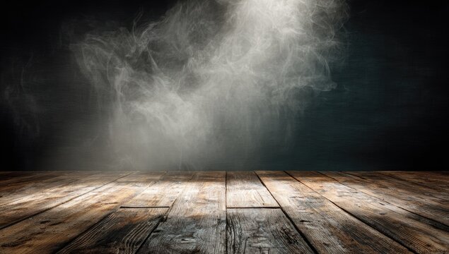 Rustic wooden floor illuminated by dramatic smoky spotlight from above