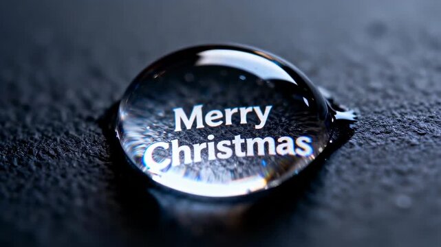 Responding to micro focus shifts transparent droplet magnifying Merry Christmas text on dark slate