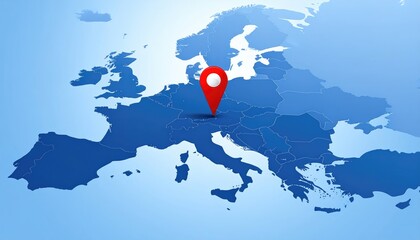 An illustrative representation of European map with the focus on location marked by a red pin, indicating a specific point of interest.