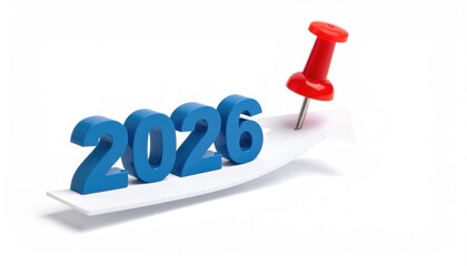 A close-up shot of the year 2026, punctuated with a pushpin, symbolizes a significant date or milestone, standing out on a clean white surface.