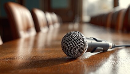 A microphone rests on a polished wooden conference table with chairs blurred