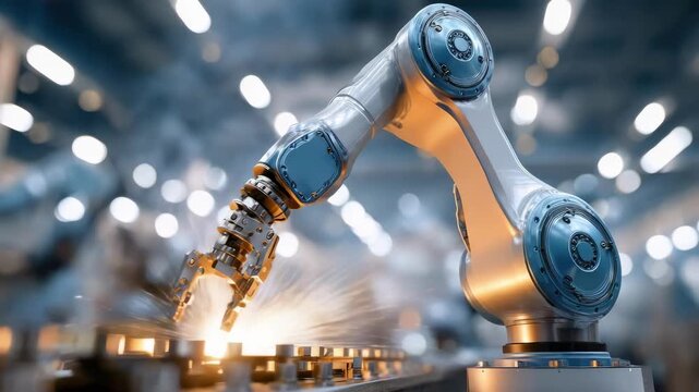 Industrial robotic arm welding metal, sparks flying as it fuses pieces in a factory.
