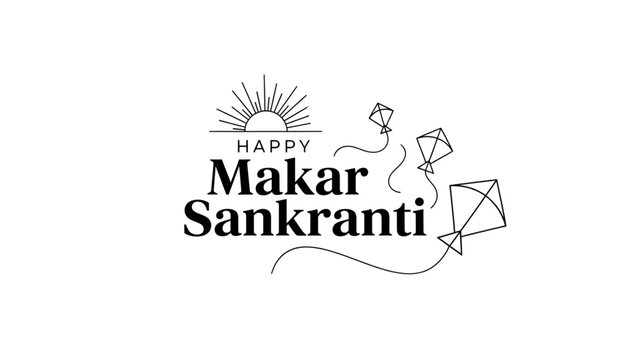 Makar Sankranti festival with elegant black line art kite patang illustration featuring rising sun and creative typography celebrating Indian tradition during Uttarayan season in minimal style 