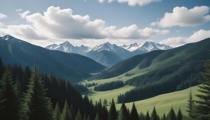 Expansive mountain valley with snow-capped peaks and lush green forests under a cloudy sky