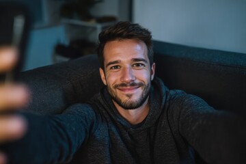 Fototapeta premium Smiling man sitting on couch taking a selfie with his smartphone in cozy ambient lighting. Evening home relaxation and connection.