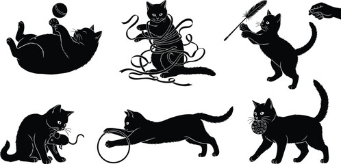 Cartoon cats, playful kittens, cat toys, yarn cat, feather toy, mouse toy, hoop play, ball carrying, cat behavior, cat action, cat movement, cat interaction, cute cat, funny cat, domestic cat © Ezazul Haque