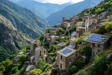 Obraz premium Ancient stone village clings to steep, sunlit mountain slopes, green trees