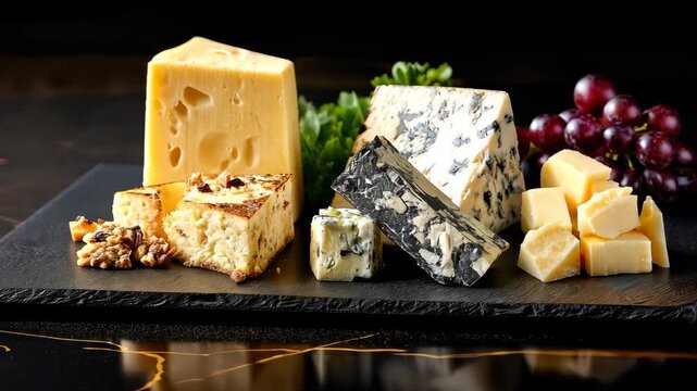 Different types of cheese displayed on a black slate board with grapes and nuts