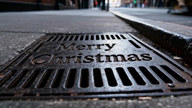 Tilting camera revealing weathered drain grate at sidewalk, highlighting Merry Christmas lettering