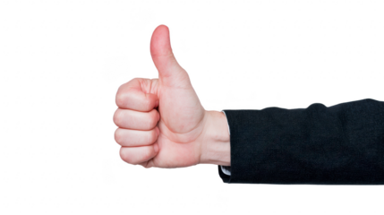 Thumb up gesture with hand in business suit, isolated on transparency background, symbolizing approval, agreement, success, or positive feedback in professional or personal context
