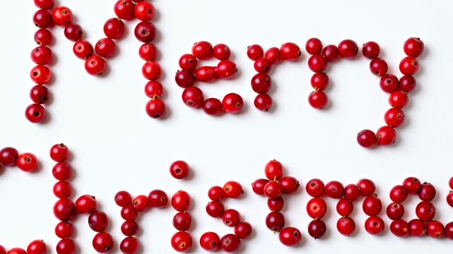 Panning camera moving closer over studio revealing red berries forming Merry Christmas for detail