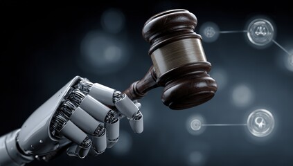 Robotic hand holds a gavel, symbolizing automated justice and AI in law