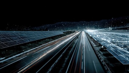 Blurred highway and solar panels at night with lights and stars