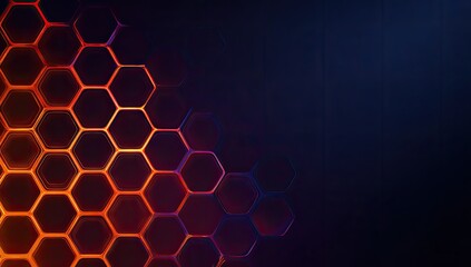 Abstract honeycomb graphic with orange and purple glow on dark blue background