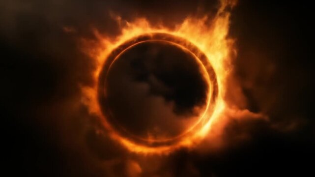 A fiery, glowing ring is encircled by dark smoke against a black background