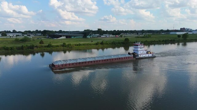 Towboat Over Arkansas River Near United States Marshals Museum In Fort Smith, Arkansas, USA. Aerial Shot