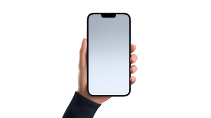 Hand holding modern smartphone with blank screen isolated transparent background technology concept mockup for app design digital device communication minimal style realistic vertical orientation