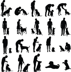 Dog interaction silhouettes, human pet bond, training poses, walking dog, playful moments, black vector, animal care, pet clipart, outdoor activity, dog behavior, companionship art
