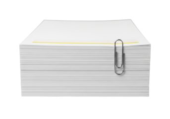 Perfectly aligned stack of crisp transparent paper sheets with red and yellow lines, a polished silver paperclip, isolated on transparent background, 45-degree top-down shot, concept of minimalist