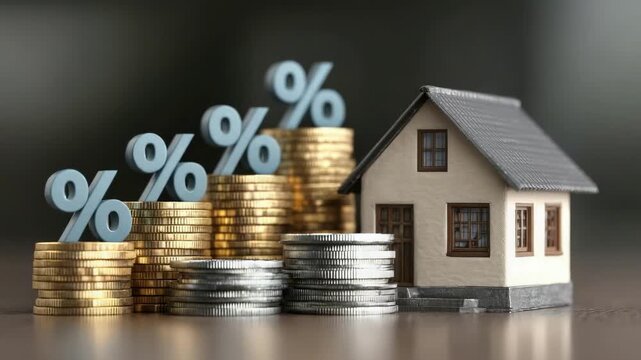 Miniature house beside stacks of coins and floating percent signs, representing real estate investment and mortgage interest rates.