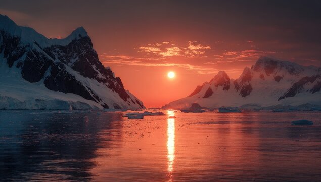 A stunning Antarctic sunset casts a fiery glow over icy peaks and a tranquil sea