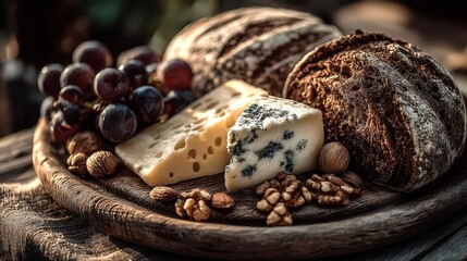 Plate of cheese, bread, and grapes. The grapes are on the left side of the plate, the cheese is in the middle, and the bread is on the right. The plate is on a wooden table