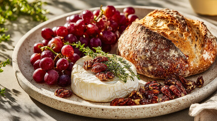 Bowl of nuts, bread, and grapes. The bowl is wooden and has a rustic feel. The grapes are in the center of the bowl, surrounded by the other items