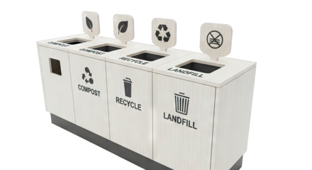 Waste sorting bins for compost recycle and landfill.