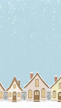 Vertical video: Animation starting showing row of cottages at bottom with falling snow forming loop