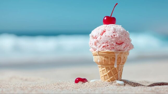 A melting strawberry ice cream cone with a cherry on top sits on a sandy beach with the ocean in the background.