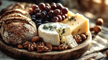 Fototapeta premium Plate of cheese, bread, and grapes. The grapes are on the left side of the plate, the cheese is in the middle, and the bread is on the right. The plate is on a wooden table