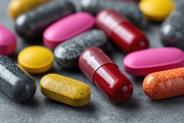 Assorted colorful pills and capsules scattered on a gray textured surface