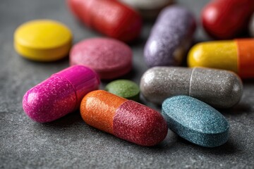 Assortment of colorful pills and capsules scattered on a textured surface